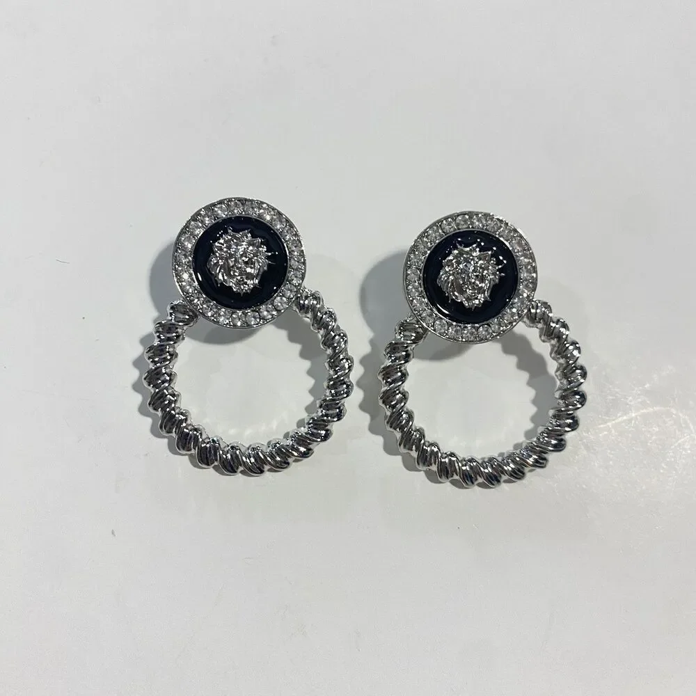 Silver Tone Twisted Rope Hoop Earrings Black Lion Crystal Dangle Drop Gift